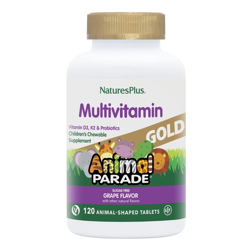 Natures Plus Animal Parade Gold Children's Multivitamin, Grape Flavor - 120 Chewable Animal Shaped Tablets - טבעוני, גלוט חינם - 60 משרתים