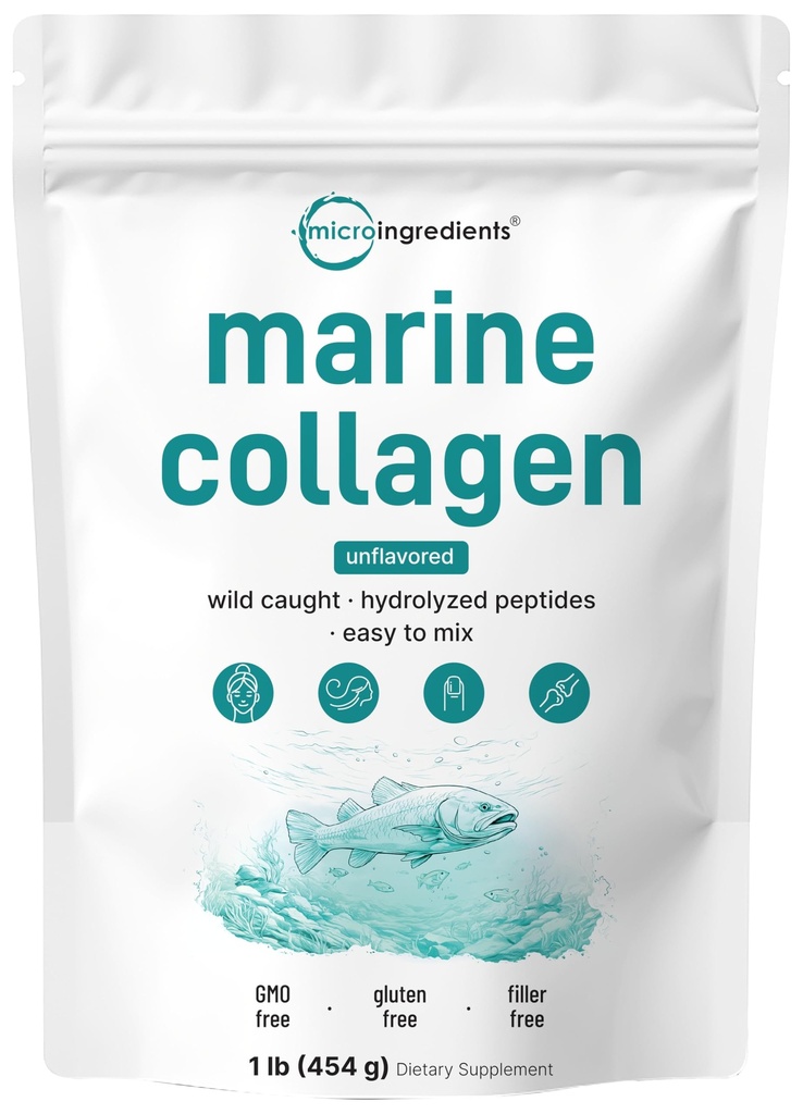Micro Ingredients Marine Collagen Peptides אבקת, 1 lb | סוג I Marine Collagen + חלבון טבעי | Wild-Caught Fish | Unflavored | תומך שיער, עור ובריאות משותפת | Pscatarian, non-GMO