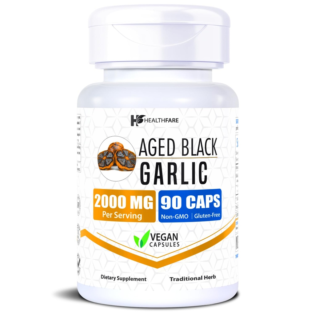 Healthfare Age Black Garlic תוספת גלולות | 2000mg Equivalent | 90 קפסולות טבעוניות | פרכוסים אודור ללא ספק Garlic Extracted