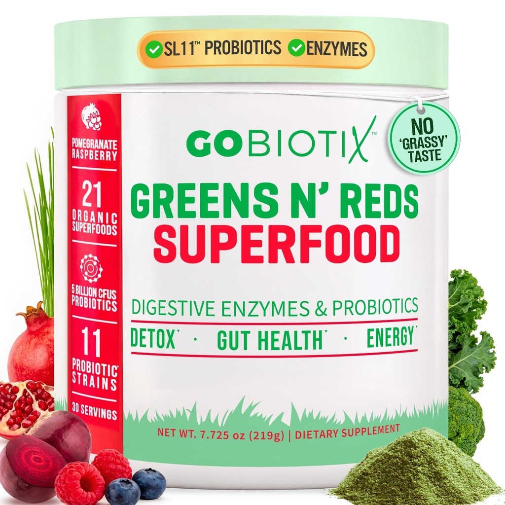 GoBIOTIX Super Greens ו- Reds אבקת - Red and Green Superfood - Probiotic תוסף Probiotic Enzymes and Beet Rootאבק - אורגני Whole Foodsary תוסף (Pom Raspberry, 1 Pack)