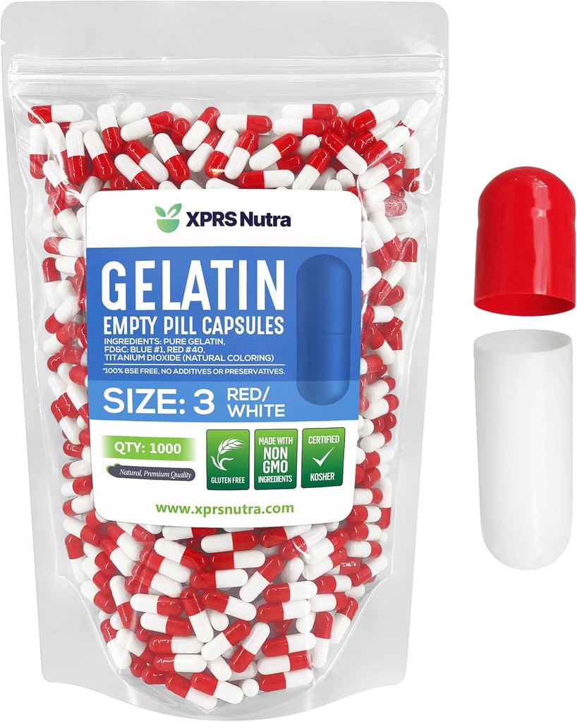 XPRS Nutra Size 3 קפסולות ריקות - 1000 הרוזן ריק Gelatin קפסולות - Pills DIY כמוסות מילוי - Pure Bovine Pill Gel Caps Fillable for Do-It-Yourself ויטמינים ותוספים (אדום / לבן)