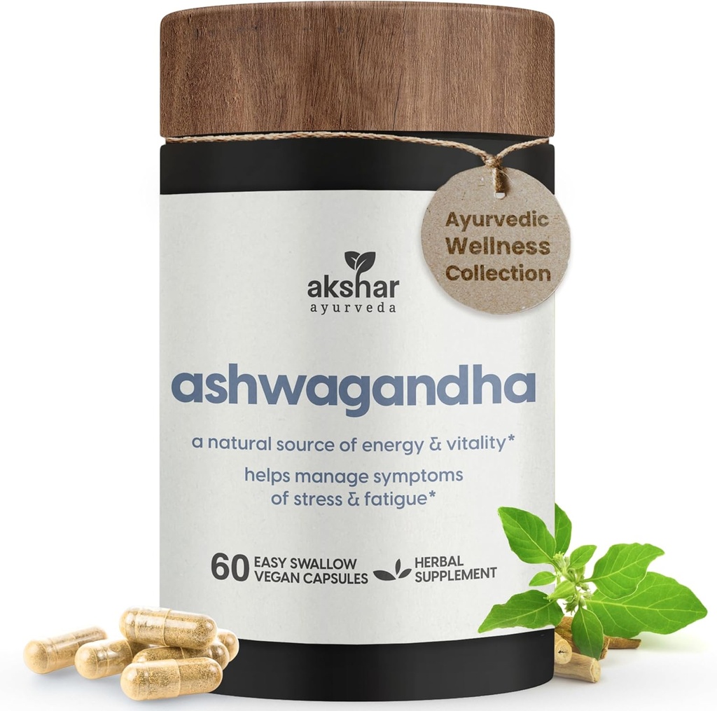 Akshar Ayurveda - Ashwagandha כמוסות עם Ashwagandha שורש לחלץ אבקה - תמיכה צמחית אדפטוגנית ללחץ, Mood, Energy & Vitality - Vegan Cruelty-Free Ashwagandhas (60 Count)