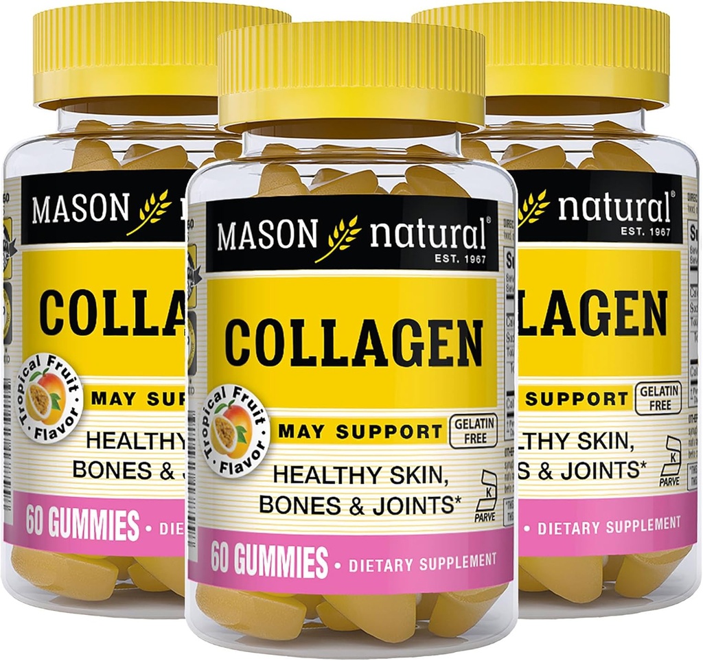 MASON NATURAL Collagen Gummies - תומך עור בריא, עצמות ופרקים, פלאפור טרופי, כשר, 60 חניכיים (Pack of 3)