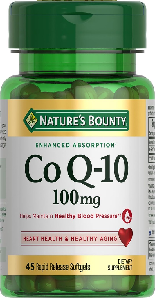 Nature's Bounty CoQ10 100mg for Heart Health Support, Non-GMO Q-Sorb Coenzyme Q-10 Antioxidant Support and Cardiovascular Wellness, Dietary, Rapid Release Softgels, 45 ct ct ct