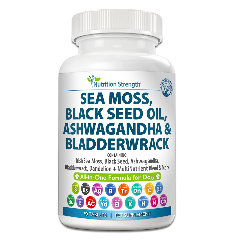 Sea Mos for Dogs 750mg Black Seed Oil 500 מ"ג אשוגנדה 250 מ"ג Turmeric 250 מ"ג Bladderwrack 250 מ"ג Dandelion 250mg & ויטמין C D3 עם Elder Manberry Manuka צהוב דונד 90 טבליות