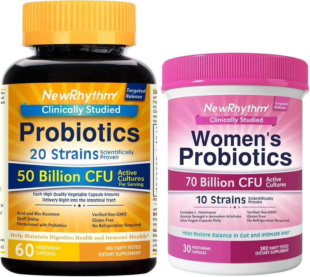 NewRhythm Gut & Feminine Health Bundle, Probiotics 50 Billion CFU & Women's Probiotics 70 Billion CFU, Daily Gut Health & Feminine Care, 90 Capsules Total (Pack of 2)