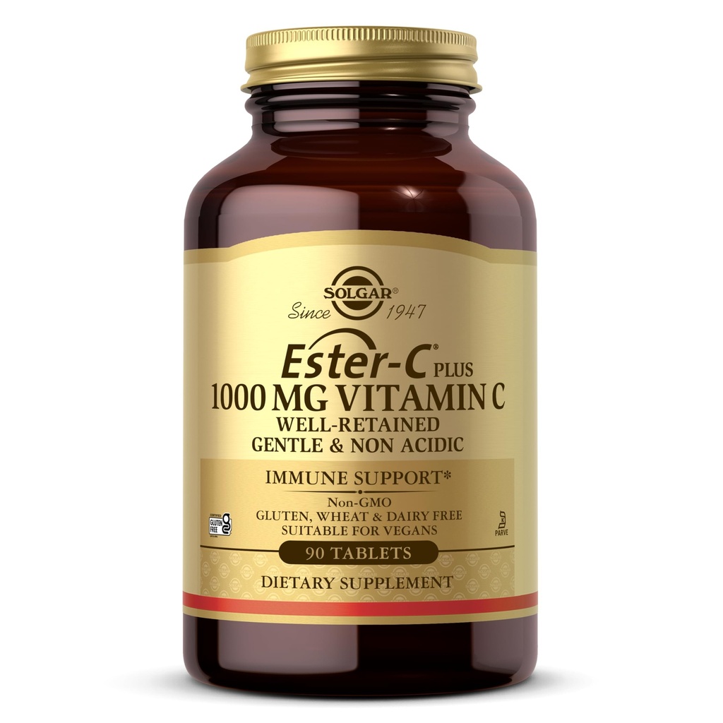 Solgar Ester-C Plus 1000 מ"ג ויטמין C (Ascorbate Complex), 90 טבליות - Gentle On The Stomach & Non Acidic - Antioxidant & Immune System Support - Non GMO, טבעוני, Gluten-Free, כשר - 90 משרתים