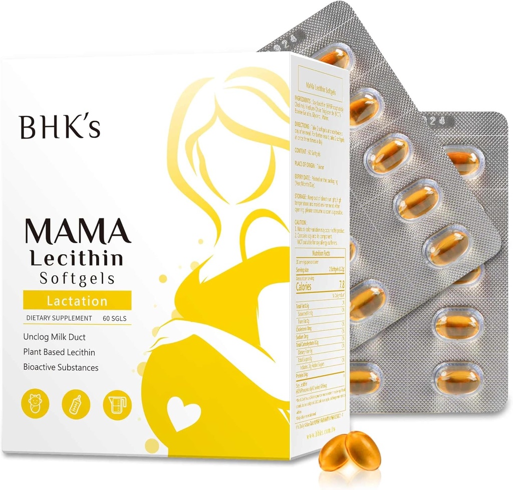 אמא של BHK's Mama Lecithin Softgels, Unclog Breast duts for Smoother Breastfeeding, תוסף עבור הריון, להימנע מ- Clogged Milk Docts, 60 רכות, 2 Week Supply.