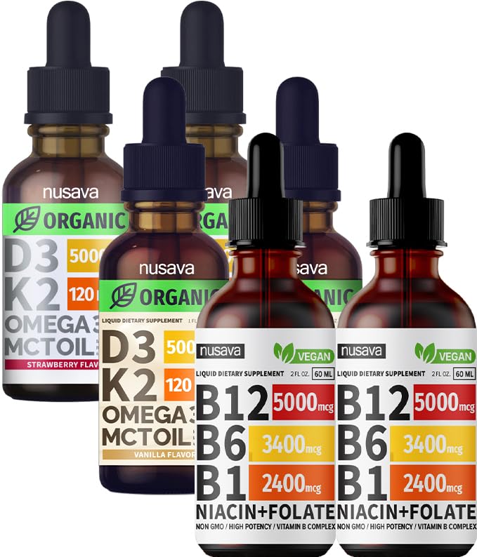 NUSAVA ויטמין B12 Drops Bundle, Strawberry Flavored D3 K2, & Vanilla Flavored D3 K2 - ויטמין נוזלי פוטנט ללב, אנרגיה, המוח ותמיכה החיסון - non-GMO, Gluten-Free, 2pk כל אחד
