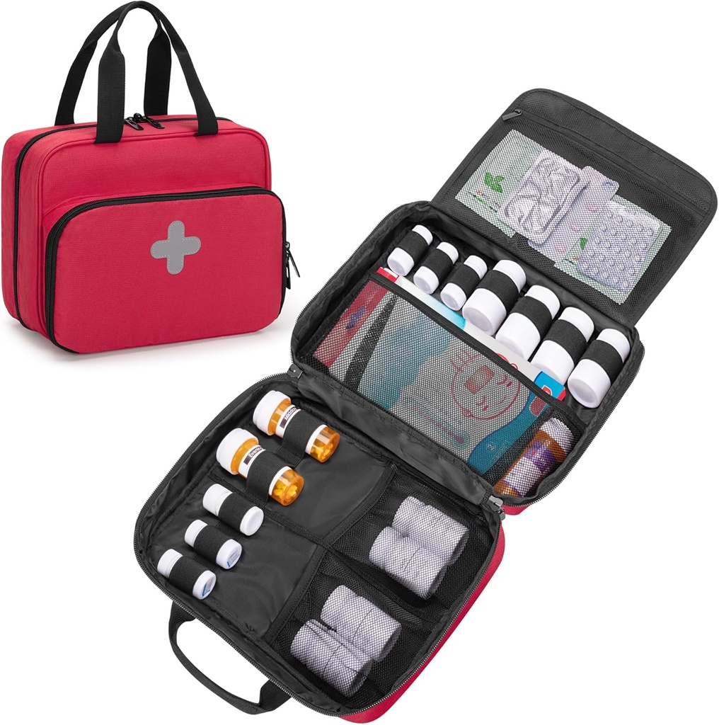 CURMIO Pill Bottle מאורגנתer Portable Medicine Bag, Lockable Prescription Bottle Storage for Pill Bottles, הויטמינים, תוספת רפואית לאחסון ביתי ולטייל, Red (Empty Medicine Bag)