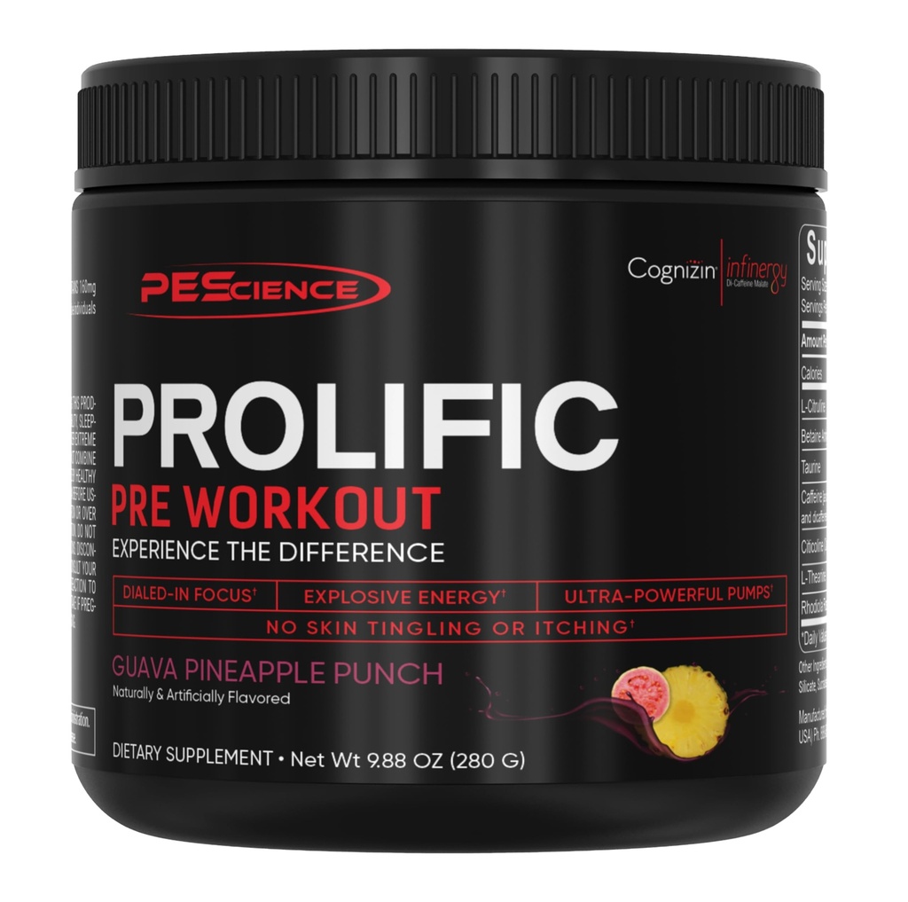 PEScience Prolific Pre Workout אבקת עבור גברים ונשים עם L-Citrulline Nitric Oxide Booster, אבקת אנרגיה & Nootropic עבור פוקוס - Preworkout Betaine - 40 Scoops, Guava Pineapple Punch Punch Punch Punchnch Punch Punchance Punchel Punchel Punch Punch Punchance Punch Punch Punchance.