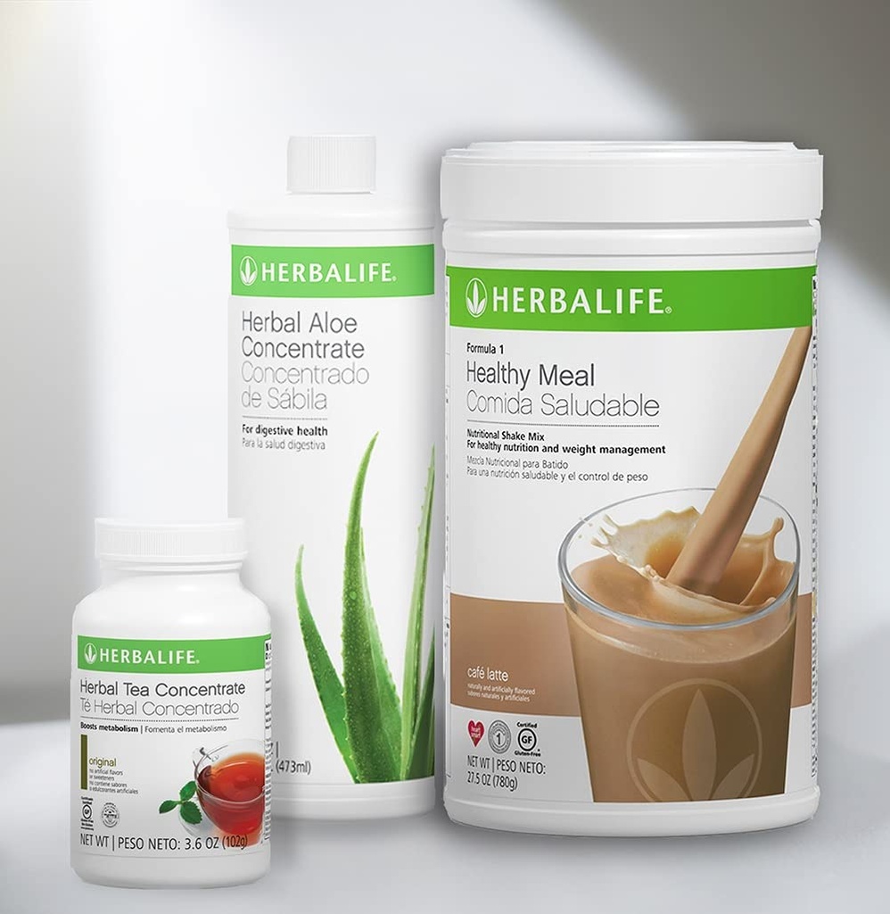 שלישיית Combo HerBALIFE פורמולה 1 תזונה בריאה שקד (Cafe Latte 780g)-Herbal Aloe Concentrate Pint (מקור 473 מ"ל) - Herbal Tea Concentrate (מקורal 102g)