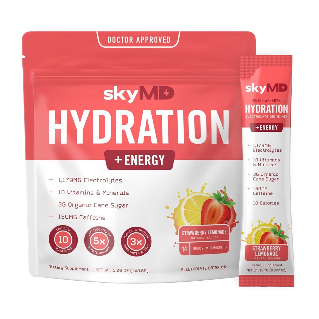 SkyMD hydrotion + אנרגיה | Electrolytes אבקת Packets | Low Sugar, Sodium, 10 Calories | 10 ויטמינים ומינרלים | 150g Caffeine for growth Focus and Performance