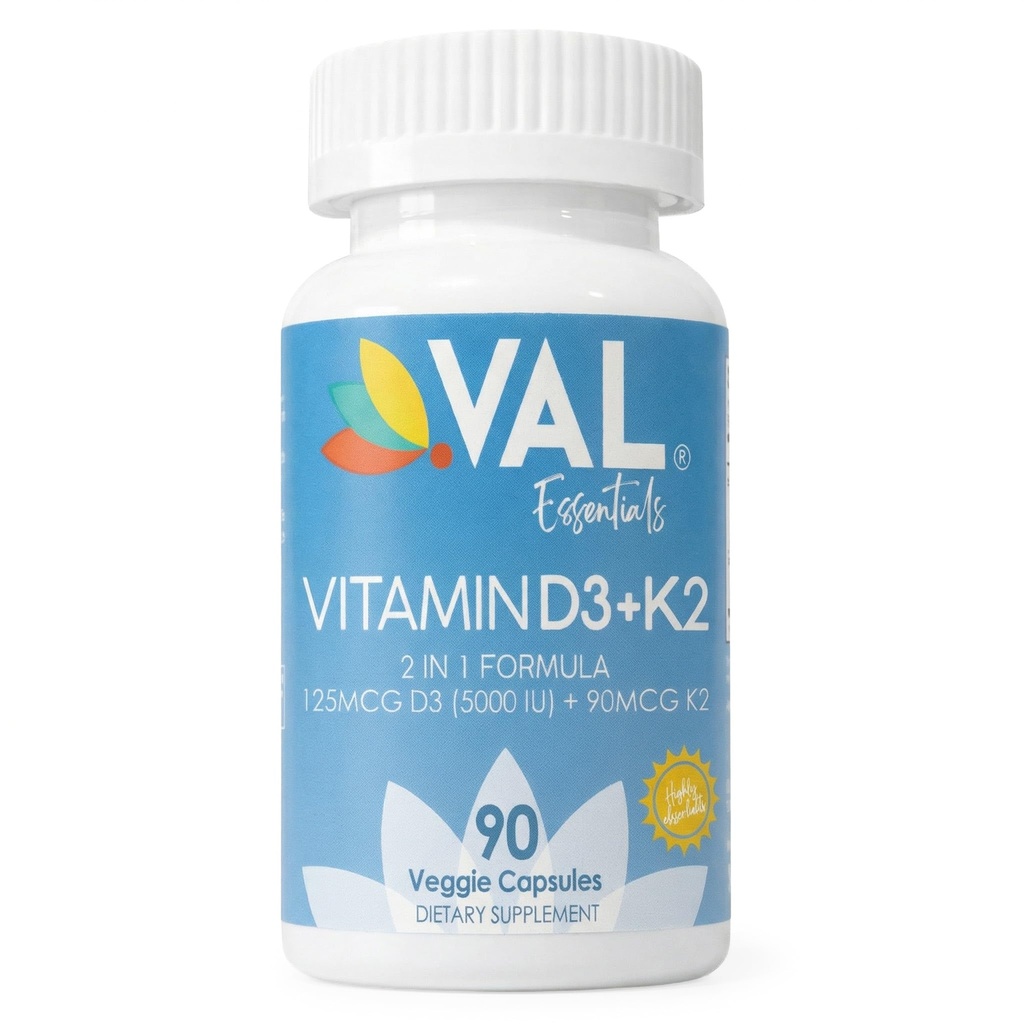 VAL ויטמין D3 + K2 (MK-7) 5000 IU & 90 mcg - Bone & Heart Health Support - High Potency, non-GMO, Easy to Swallow - 90 קפסולות טבעוניות - D3 K2 תוסף שנעשה בארה"ב