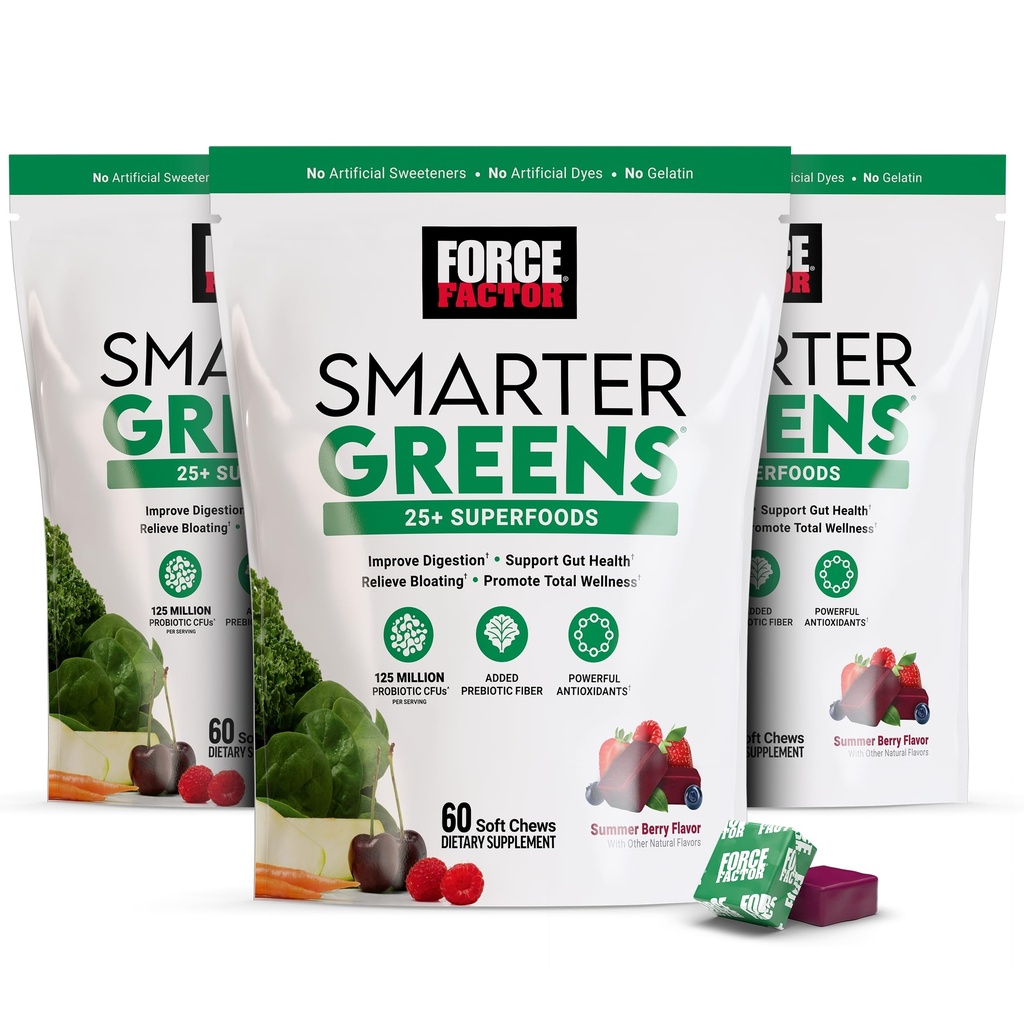 עבור FACTOR Smarter Greens Superfood Chews, 3Pack, ירוק ו Superfoods עם Probiotics, Antioxidants, ו סיבים, גריןs תוסף לתמיכה, Nitric Oxide ואנרגיה, 180 צ'אדים