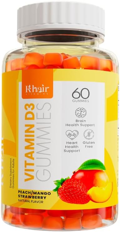 Khair Halal ויטמין D3 חניכיים לתמיכה בעצמות ושרירים - non-GMO, Gluten & Gelatin חינם, Vegetarian, Halal-Certified, Natural מנגו, Peach & Strawberry Flavors - 60 חניכיים