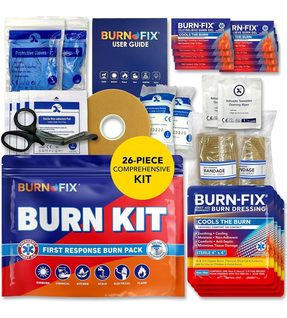 BurnFix® Burn Kit First Aid for Burns Emergency - 26-Piece Burn Treatment with Cooling Gel, Dressings & Gloves - Kitchen, Sunburn, Chemical & Scald Relief - Home, Office, Travel