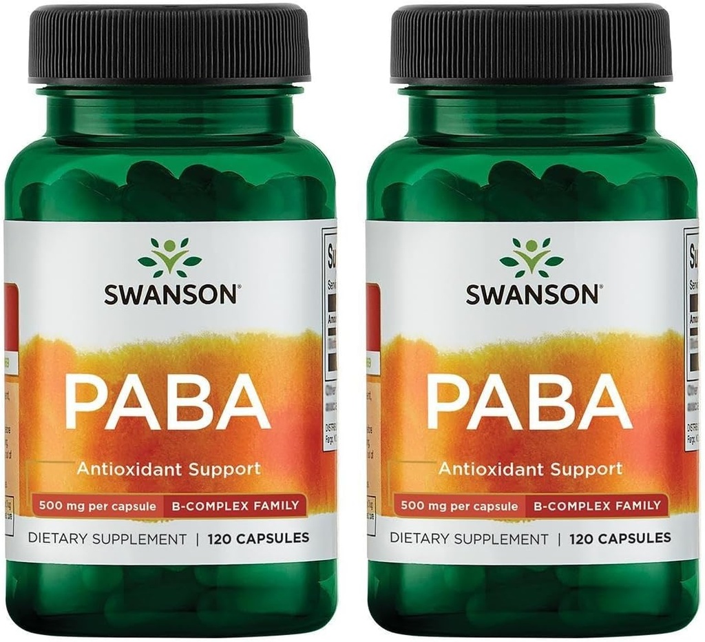 Swanson PABA - Powerful B Complex Supporting Red Blood Cell Formation - Folic Acid Component Aiding Supply Oxygen to Cells and Skin Health Support - (120 קפסולות, 500 מ"ג כל) (2 Pack)