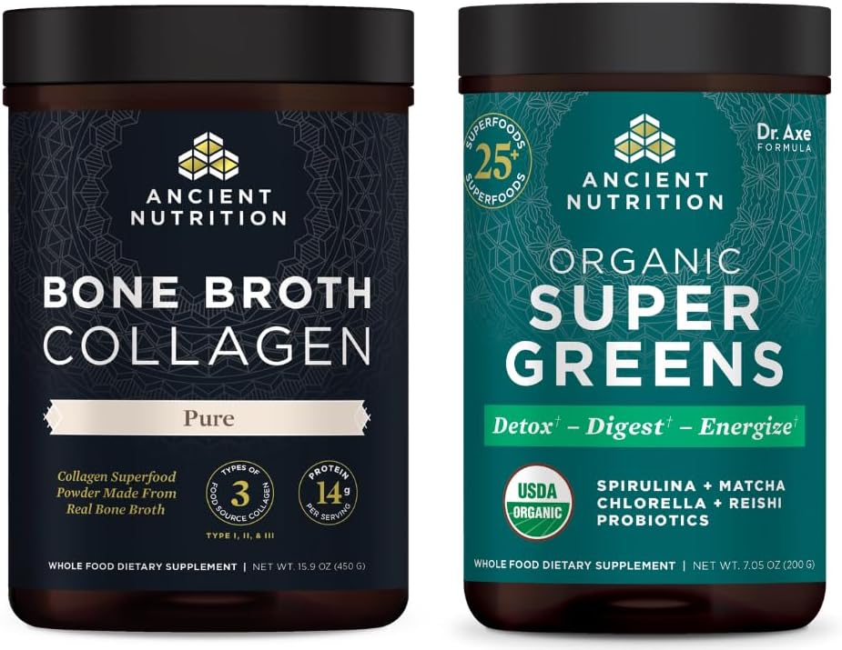 אבקת Bone Broth Collagen, Pure, 30 משרתות + אבקת סופר ירוק אורגני, גריןs Flavor, 25 משרתים