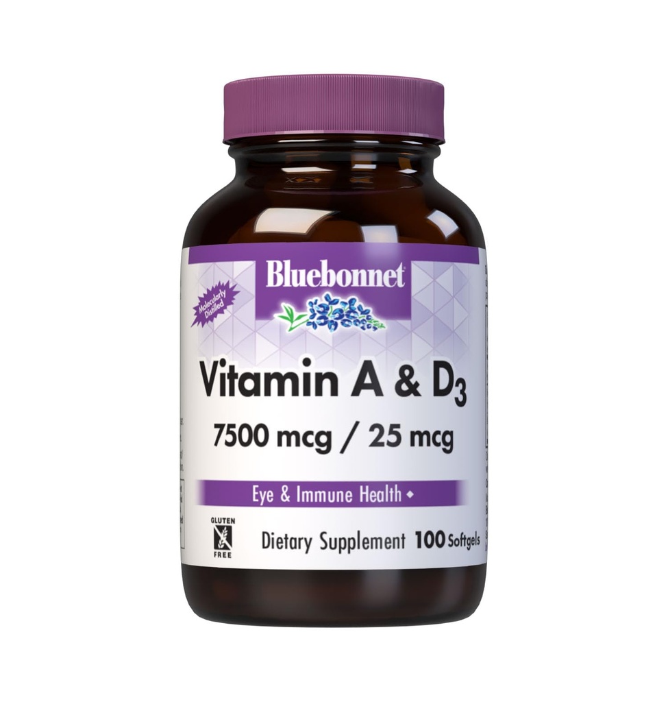 Bluebonnet Nutrition ויטמין A & D3 25,000 IU / 1,000 IU מ ים עמוק, מים קרים, שמן דגים - עבור בריאות עין ותפקוד Immune * - Gluten Free - חלב - מחוספס מולקולרי - 100 Softgel / משרת
