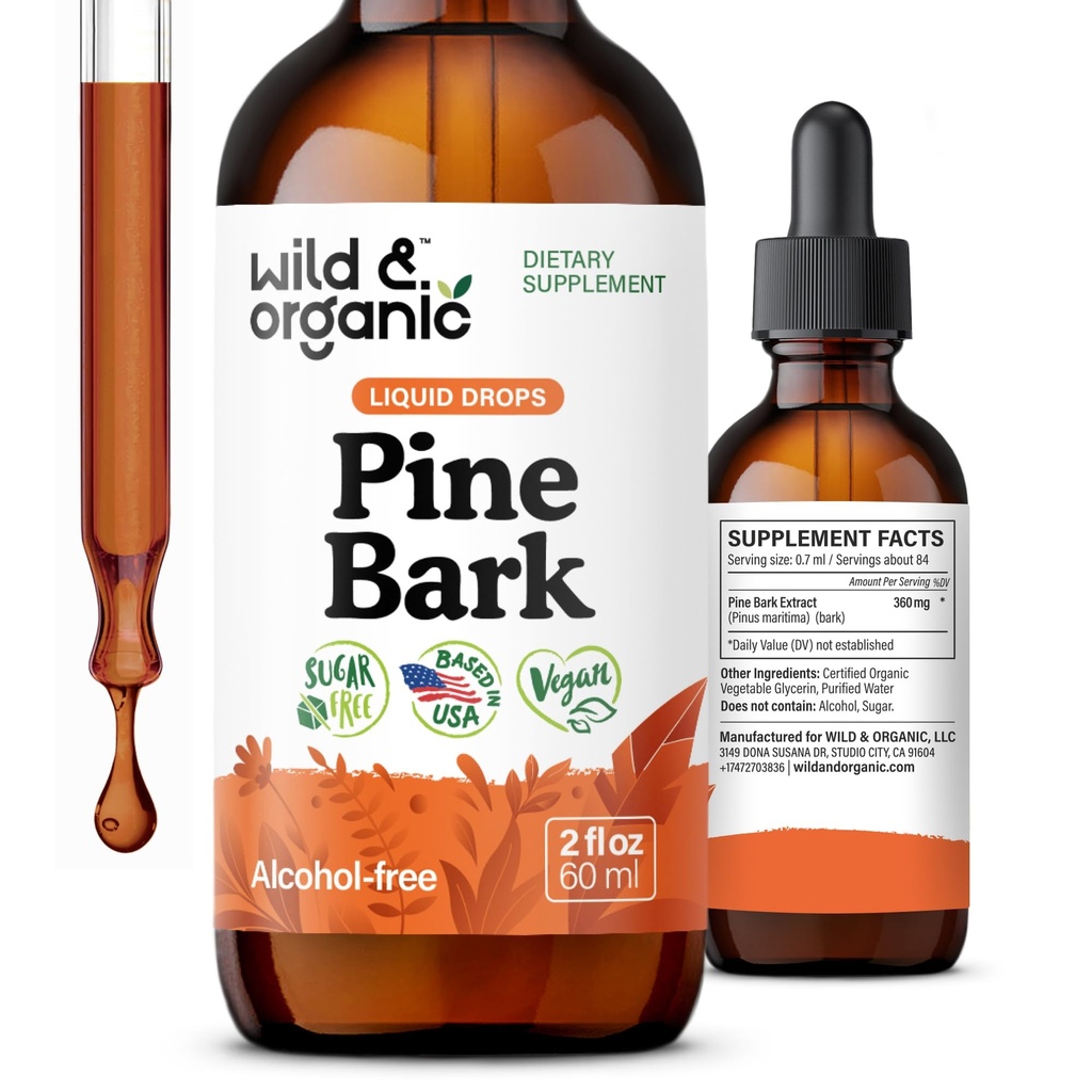 Wild & Organic Pine Bark Extractt Tincture - תמיכה אנטי-חמצן - Pinus Pinaster תוספי - French Sea Bark Liquid Drops - 2 Monteh Supply - טבעוני, אלכוהול & סוכר חינם - 2 fl oz oz