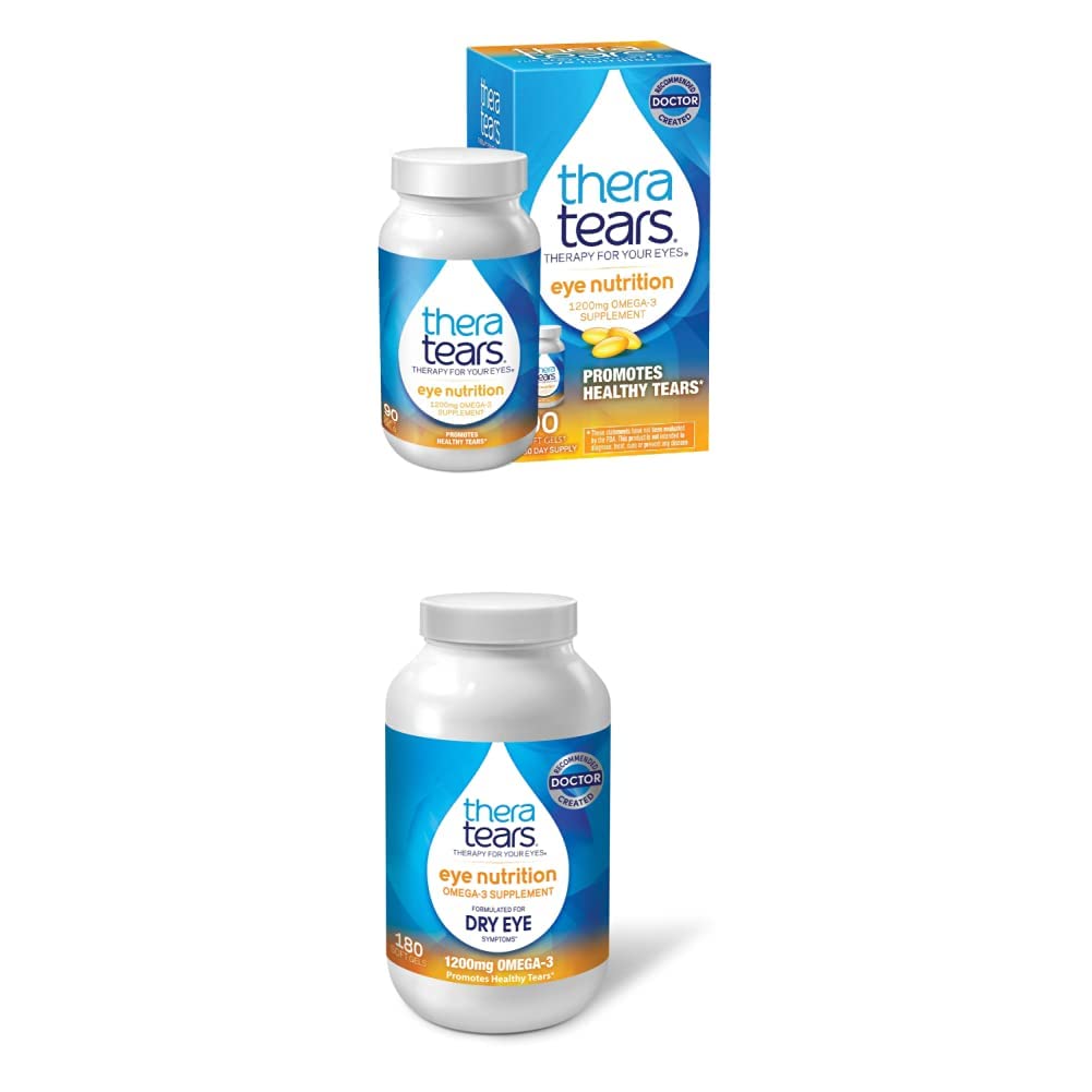 TheraTears 1200 מ"ג אומגה 3 תוסף תזונה העין, Organic Flaxseed Triglyceride Fish שמן & VIT E, 90 Count with Thera Tears 1200mg אומגה 3 עבור תזונה העין, ויטמין E, 180 הרוזן