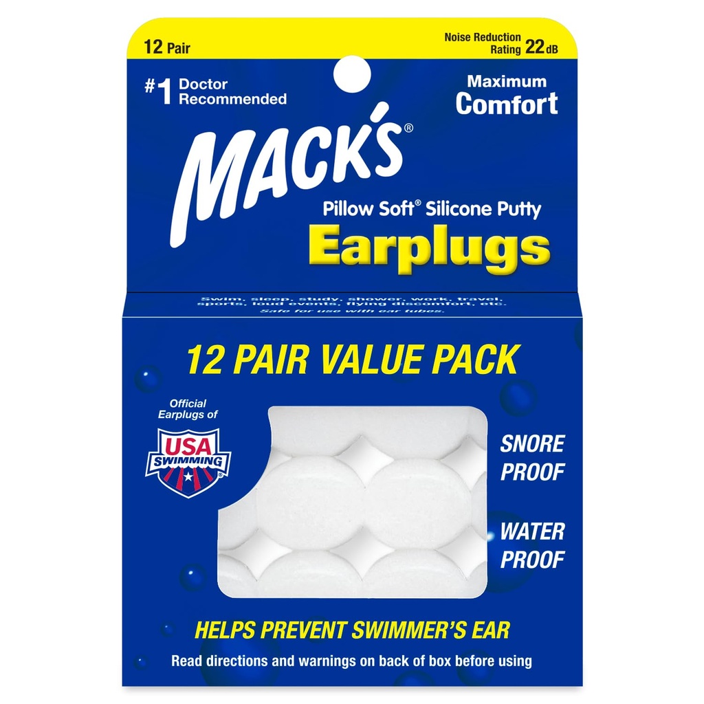 גלולת תפוחי אדמה רכה של מאק, 12 Pair - The Original Moldable Silicone Puty אוזניים Plugs for Sleep, Snoring, שחייה, נסיעות, קונצרטים ומחקר | Made in USA