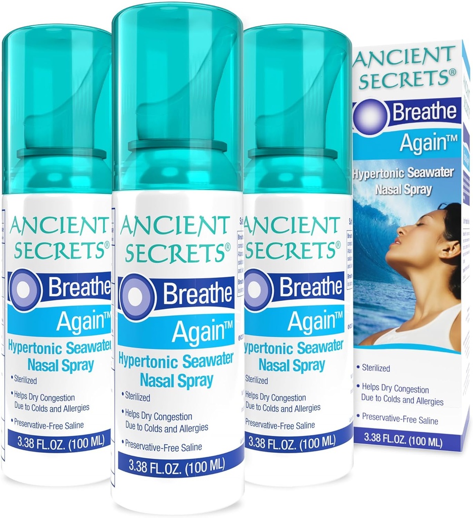 AnCIENTSS Saline Nasal Spray - Breath Again Hypertonic Seawater Nasal Spray, Allergy & Sinus Relief, Nasalungestion Moisturizer, 3.38 Fl Oz (Pack of 3)