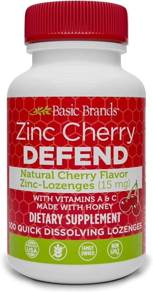 מותגים בסיסיים - Zinc Cherry Defend - 100 Lozenges - דובדבן טבעי Zinc-Lozenges - Immune Boost, Cold Relief, Non-GMO, Zinc Acetate & ויטמין C - 2Pack