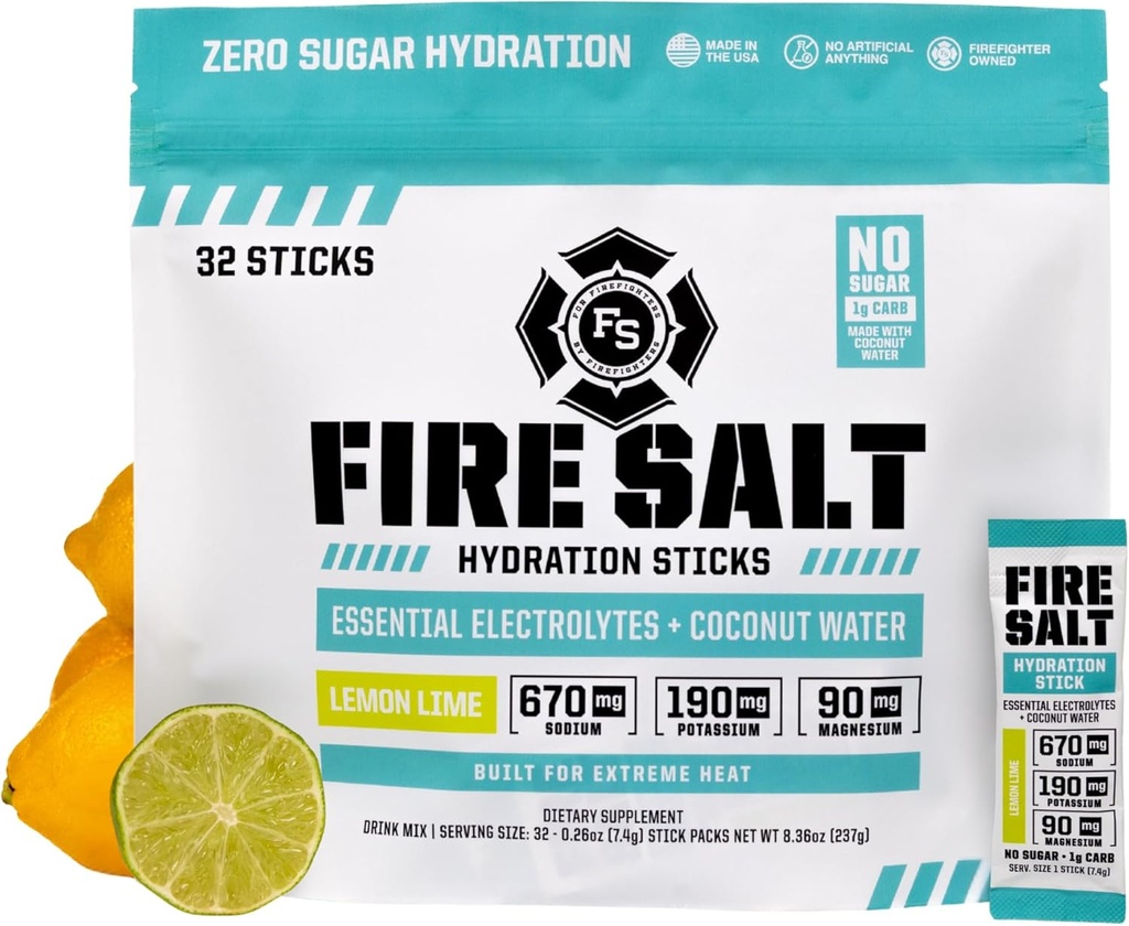 Fire Science Fire Salt hydrotion Sticks, Electrolytes & קוקוס מים, שתייה מרגיעה לערבב עם Magnesium, Potassium & Sodium, Zero Sugar, Single Serve on the Go Packs, Lemon Lime Flavor, 32 הרוזן