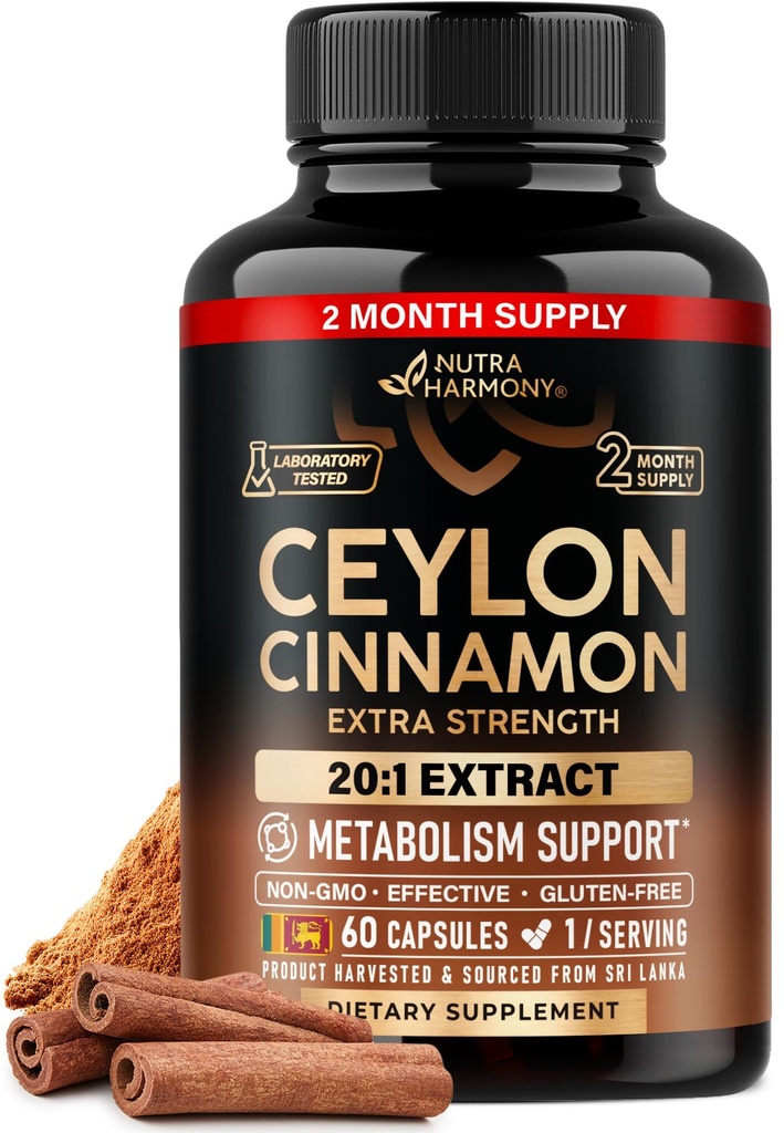 קפסולות Ceylon Cinnamon - תוספת כוח - תמיכה באנרגיה לב ומטבוליזם לגברים ונשים - טהור טבעי Cinnamon 20:1 לחלץ תוסף - GMO & Gluten חינם - מיוצר בארה"ב - 60 קפסולות 2 חודש