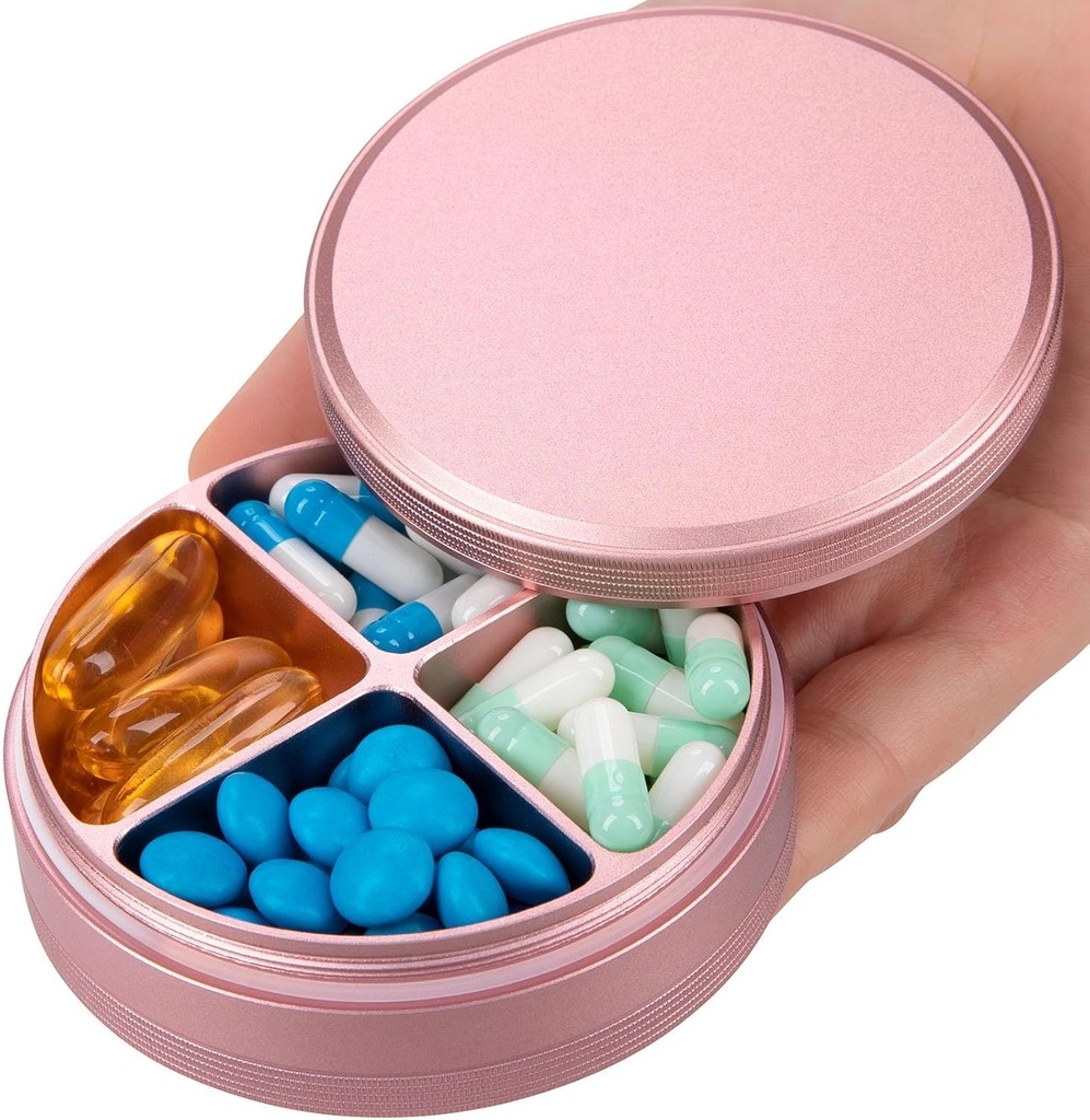 Metal PillPSKer 4 השוואתיות - Portable Travel Pill Case Daily, Waterified Pill Box for Purse, Compact Pill Holder Medicine Container Dispensers for Cod Liver Oil Pink