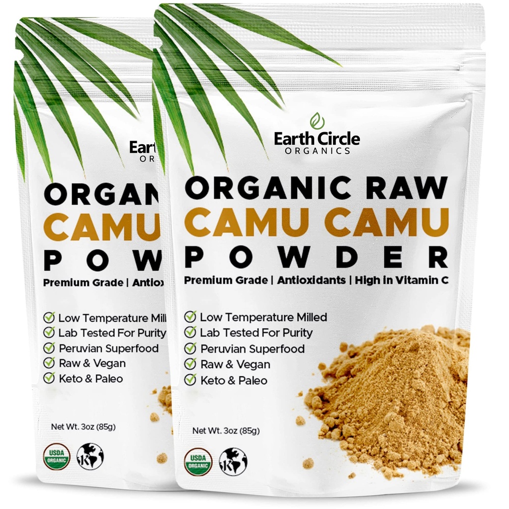 כדור הארץ Circle Organics Camu Camu - אבקת Raw Bre אורגנית עם ויטמין C & Antioxidants - טבעוני, כשר, non-GMO Superfood for Immunity & Energy - 3oz (Pack of 2)