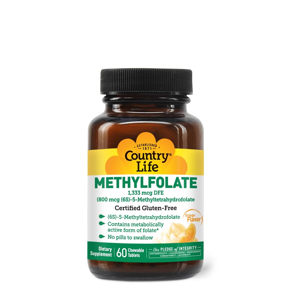 Country Life Methylfolate Chewable Tablets - Metabolly Active Folate - Great Tasting Orange Flavor - Gluten-Free - Smooth Melts - טבעוני B12 - ויטמינים לנשים - תוספת יומית - 60 טבליות