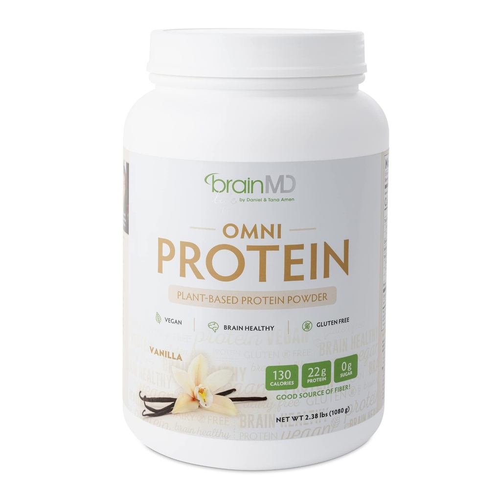 BRAINMD ד"ר Amen Omni Protein Vanilla - 2.38 lbs - אבקת חלבון מבוססת צמחי - מקדם אנרגיה ואימון התאוששות - טבעוני, צמחוני, סוכר חינם, Gluten חינם - 30 המשרתים