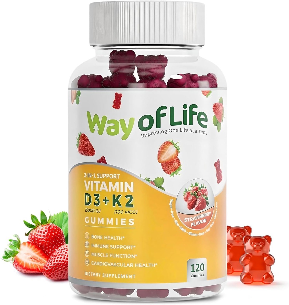 ויטמין D3 5000 IU (125 mcg) + K2 (MK-7) 100 mcg Sugar-Free Gummies, Strawberry - 120 ספירה, עצמות ובריאות לב עבור מבוגרים, פטרייה שרירים, Pectin, Tasty, Chewy, non-GMO, Gluten-Free, Gelatin-FreeFree, Gelatin-Free Free, Gelatin-Free, Gluatin-Free