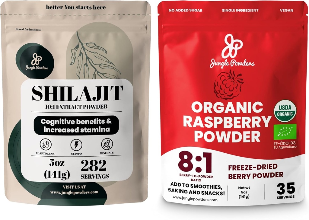 אבקת ג'ונגל Superfood Bundle: 5oz Raw Shilajit & 5oz אבקת פטל אורגנית Combo - תמיכה באנרגיה של גברים, Immune Boost, USDA מוסמך להקפיא פטל אדום עבור Baking, Smoothiesiesies