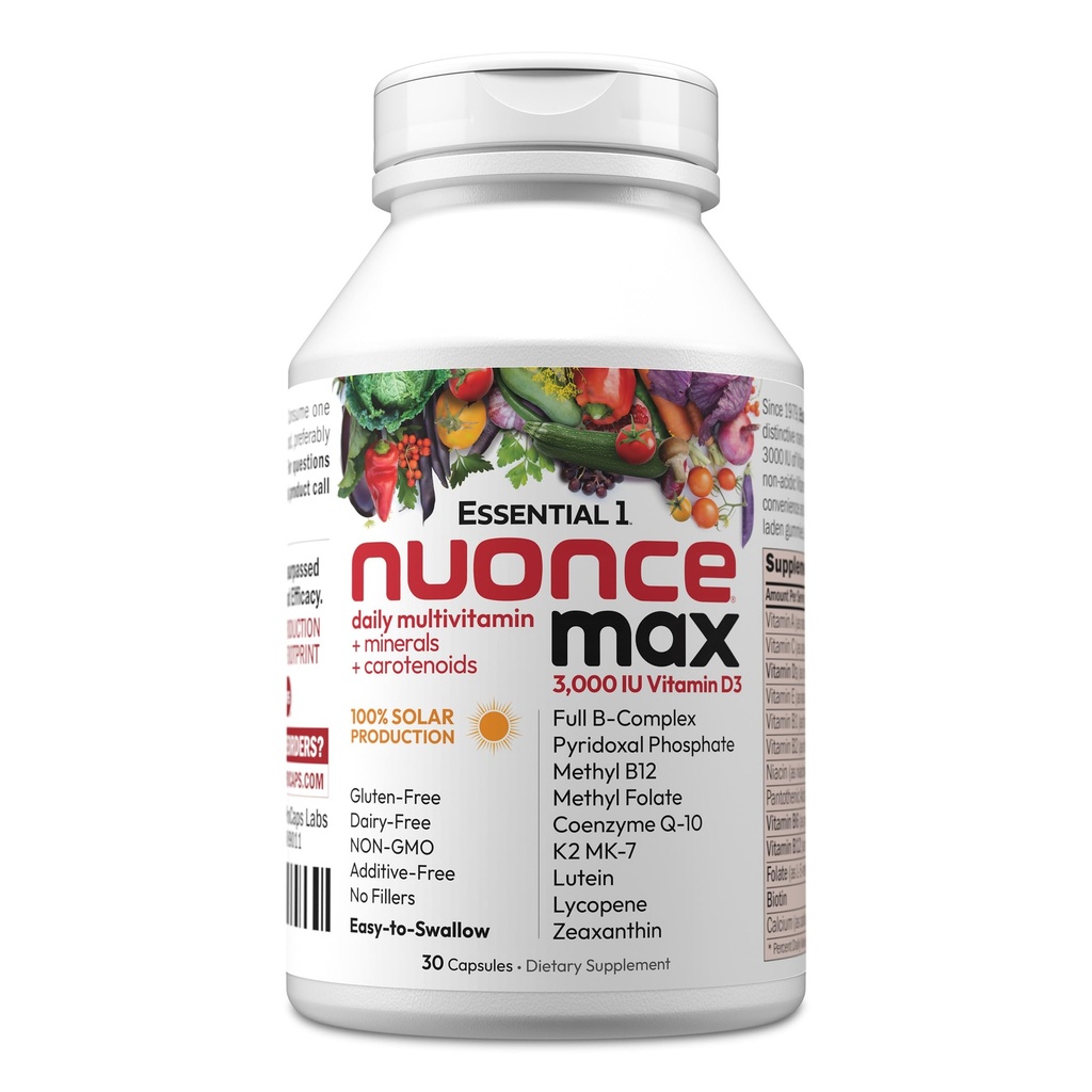 ANDREW LESSMAN Essential-1 nuonce max Multivitamin 3000 IU ויטמין D3 30 קפסולות קטנות. 100 mcg Methyl B12 CoQ10 Lutein Lycopene Zeaxanthin. עוצמה גבוהה. אין תוספות. Ultra-Mild One Daily קפסולת