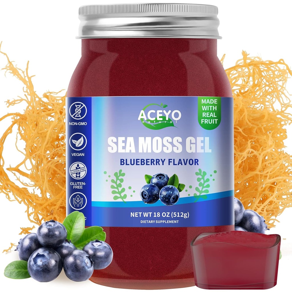 ACEYO (18 OZ) Irish Sea Moss Gel אורגני Raw Blueberry Flavor 102 ויטמינים ומינרלים Wild Harvested non-GMO Immune Defense Booster Thyroidive Support