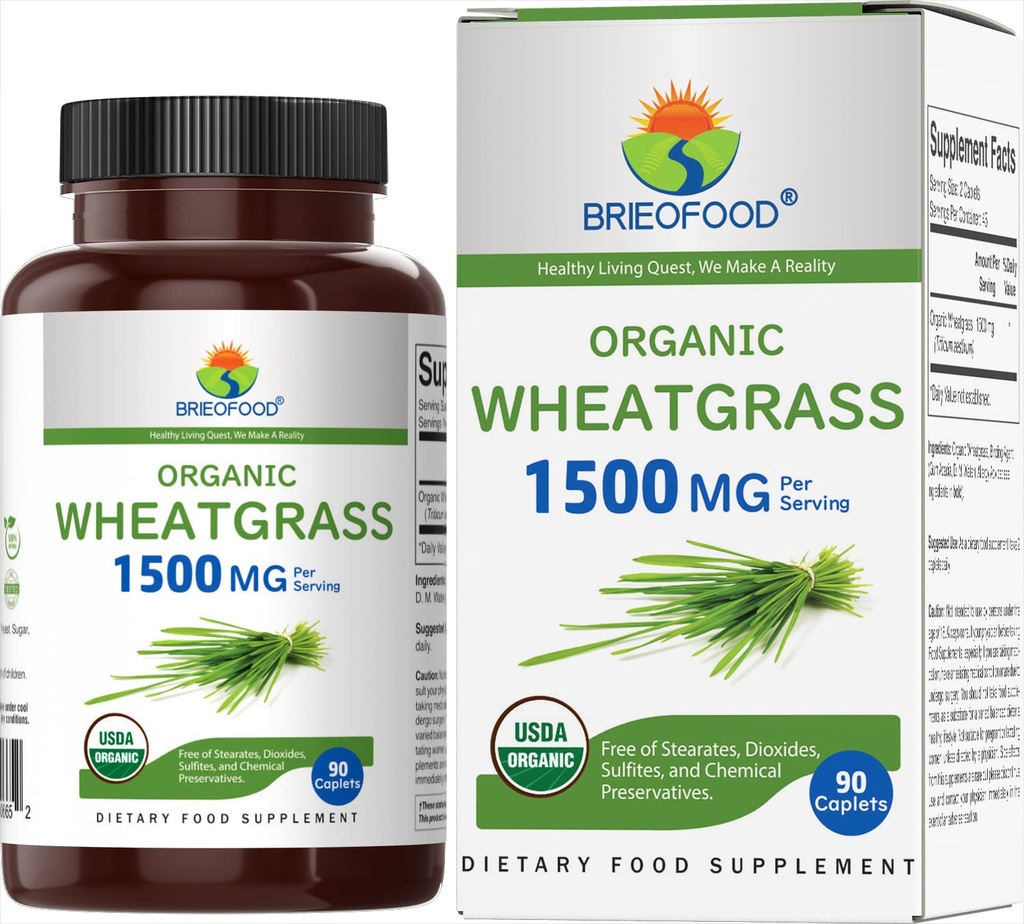 Brieofood אורגני חיטהgras 1500 מ"ג, 45 משרתים, Vegetarian Gluten Free, 90 טבליות Vegetarian