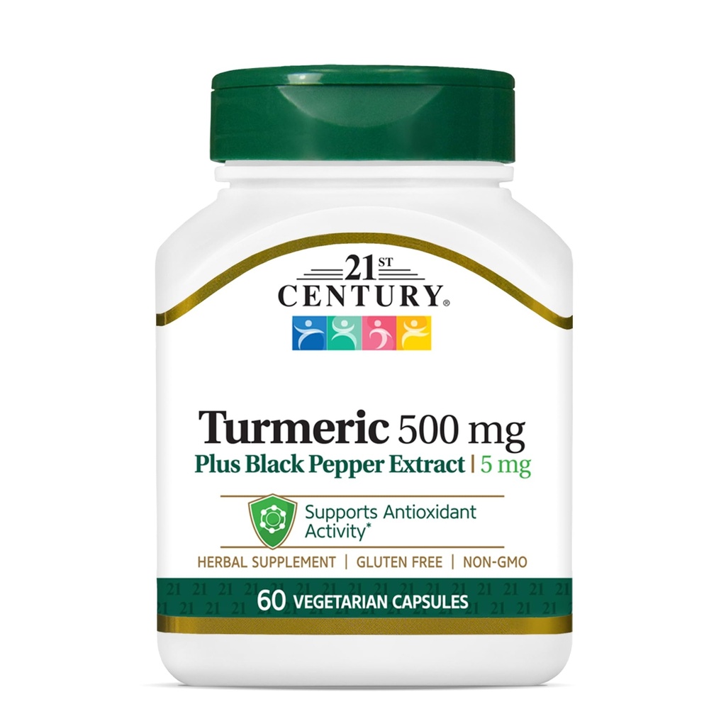 המאה ה-21 Turmeric 500 מ"ג פלוס Black Pepper לחלץ קפסולות צמחוניות, 60 הרוזן
