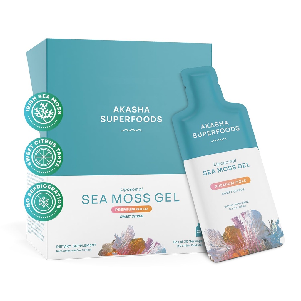Akasha Superfoods Irish Sea Moss Gel, Liposomal Seamos with Irish Sea Moss, ויטמין E, Citrus, Organic Vanilla, Glycerin, Skin, Energy & Gut Health Support for Women & Men, Sweet Citrus Flavor, 30 Ct
