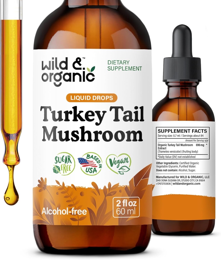 Wild & Organic טורקיה Tail Tincture - Immune & Gut Support - טורקיה Tail Mushroom Extracts - טבעוני, סוכר ואלכוהול חינם נוזל תוספת - 2 oz