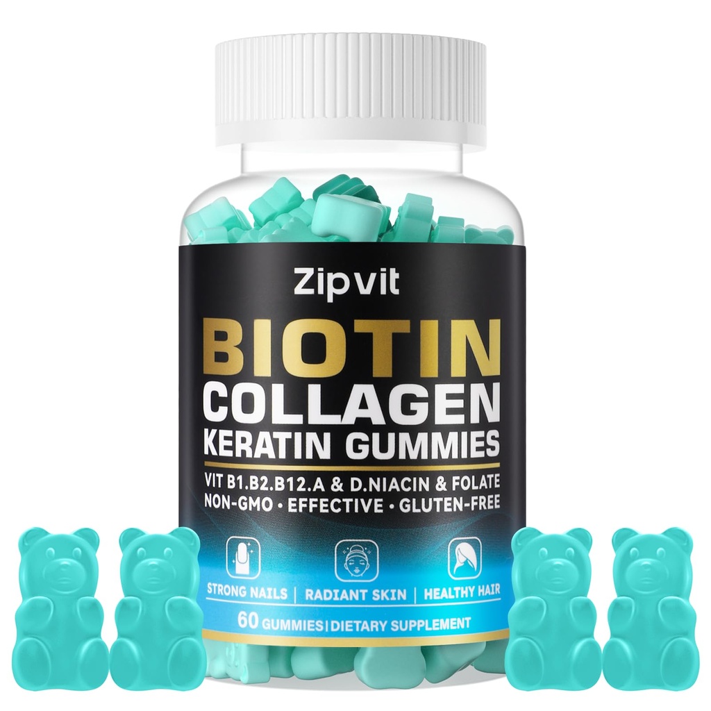 biotin Collagen Gummies - שיער עור וציפור ויטמינים לנשים וגברים - ויטמין צמיחת שיער: B1, B2, B3, B6, B7, Collagen, Keratin, ויטמין A & D - גידול שיער - 60 חניכיים דובים