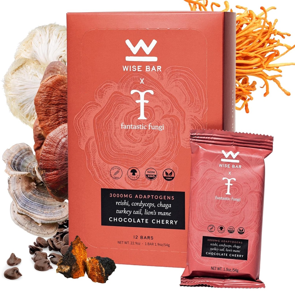 Smart Bar Fitogen Mushroom Nutrition Bars with Reishi, Lions Mane & Ashwagandha, אורגני טבעוני וגלוטן חינם חטיפים עבור Natural Focus, אנרגיה ותמיכה חסינות, צ'רי פלאפור שוקולד, 12 הרוזן הרוזן