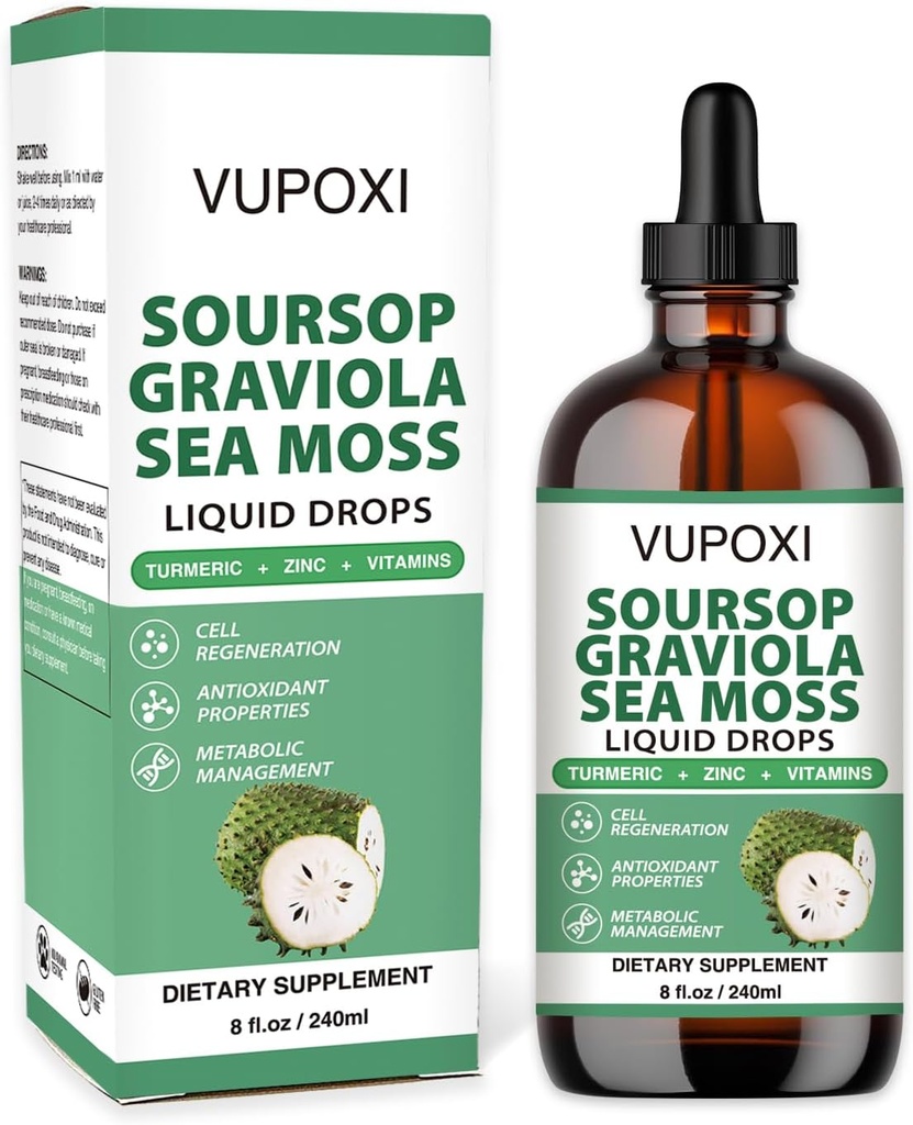 Soursop Multivitamin נוזלי טיפות תמיכה תאים והתחדשות, Imm Boost, Ditary סיבים ושינה, אורגני Soursop Extract-Sugar חינם, non-GMO, 100% טבעוני, Gluten-Free-8 Fl Oz /240 ML