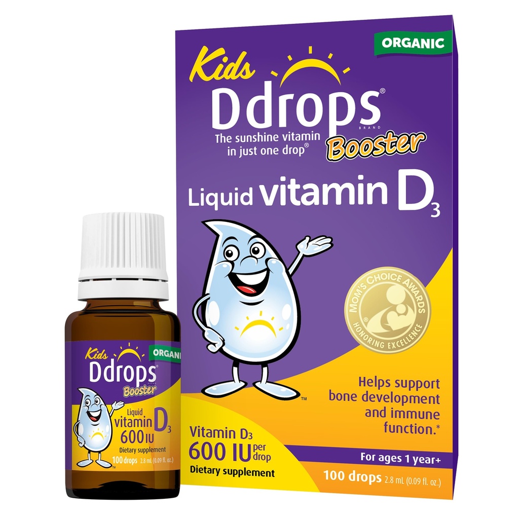 Ddrops Kids Booster 600IU 100 טיפות - ויטמין נוזלי יומי D לילדים, תמיכה חזק עצמות ומערכת החיסון בילדים. No Sugar, non-GMO, Allergy-Friendly
