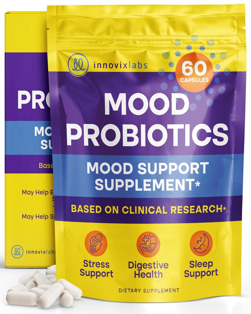 InnovixLabs Mood Probiotic for Women & Men, Clinically Stud Digestive & Mood Support Supplement, Lactobacillus helveticus Rosell-52ND & Bifido חיידק ארוך טווח רוזל-175, 60 קפסולות