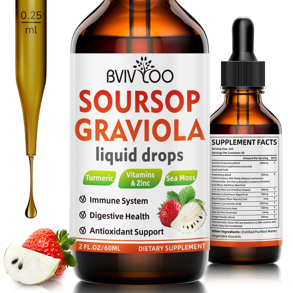 Soursop Graviola נוזל טיפות עבור תמיכה תאים והתחדשות, Imm Boost, להירגע, Liver ושינה, Soursop bitters, סוכר / Gluten חינם, טבעי סטרגורים פלמור - 2 Fl Oz (60 מ"ל) בקבוק