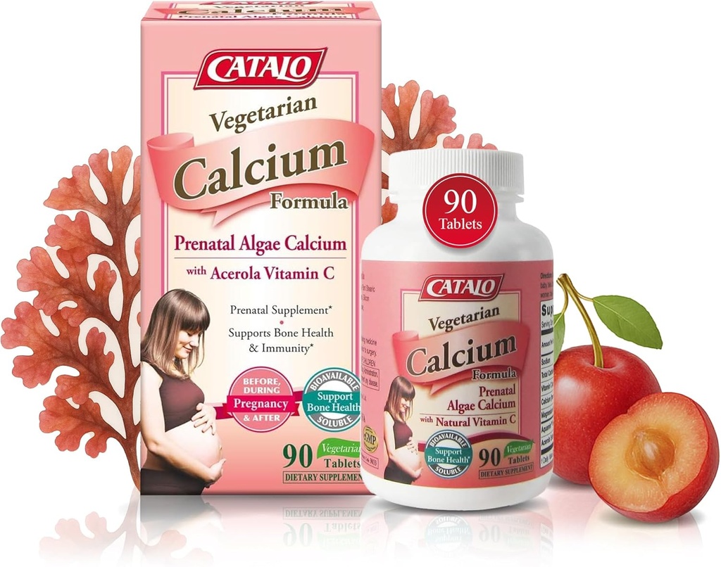 CATALO Vegetarian Calcium תוספי עבור נשים - Red Algae Calcium מבוסס צמחים עם Magnesium & ויטמין C עבור Absorption משופרת - 90 טבליות